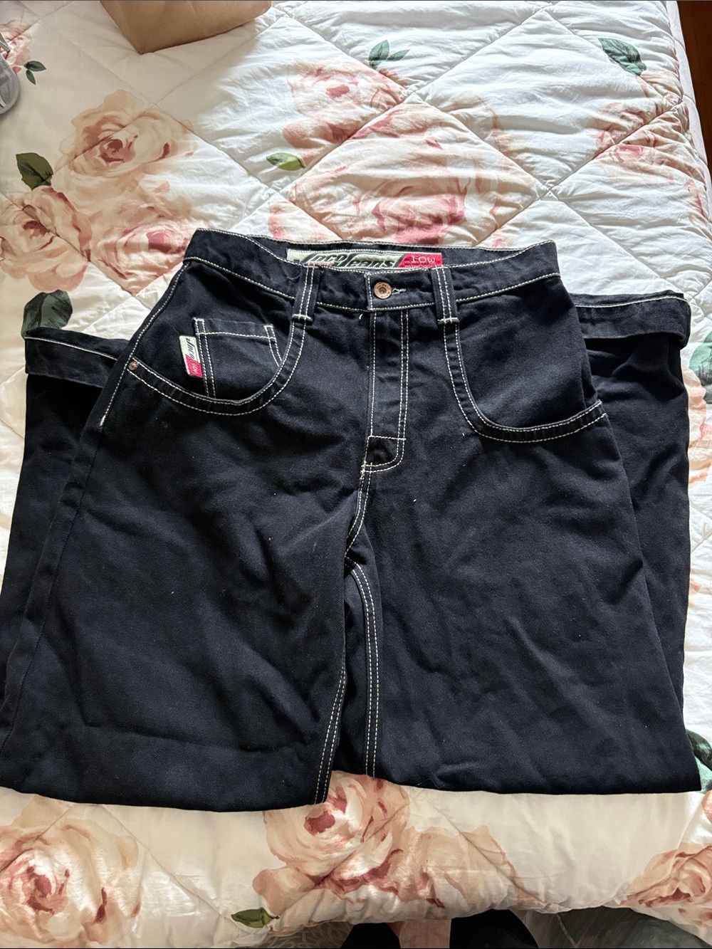 JNCO Black Straight Leg Jeans with White Contrast Stitching
